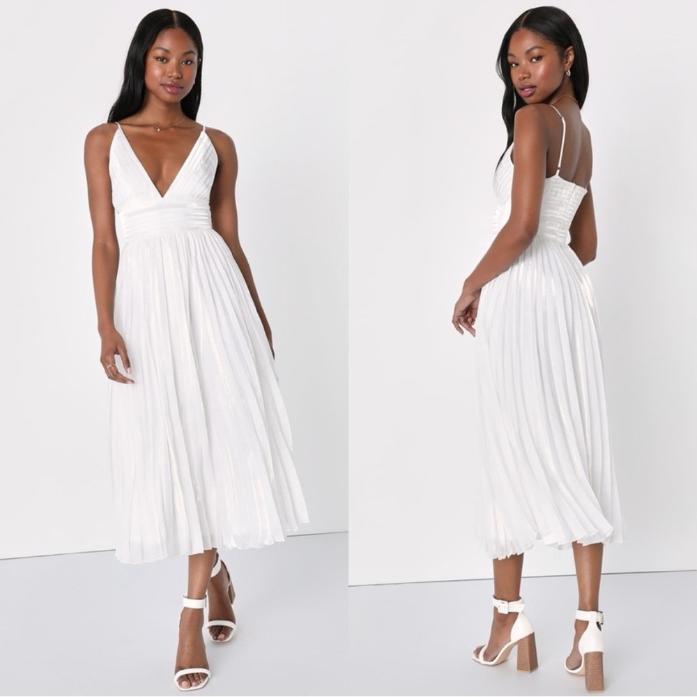 Elegant White Pleated Midi Dress Lulus